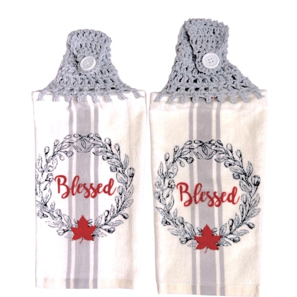 HAND CRAFTED Gray Crocheted Top Blessed Hanging Kitchen or Bathroom Hand Towels - Picture 4 of 7